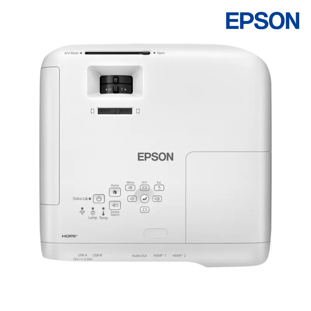 Bảng điều khiển và thanh trượt Keystone của Epson EB-FH54 Mặt trên máy chiếu Epson EB-FH54 tích hợp thanh trượt chỉnh ngang (Horizontal Keystone) và hệ thống nút bấm điều khiển tối giản, sang trọng.