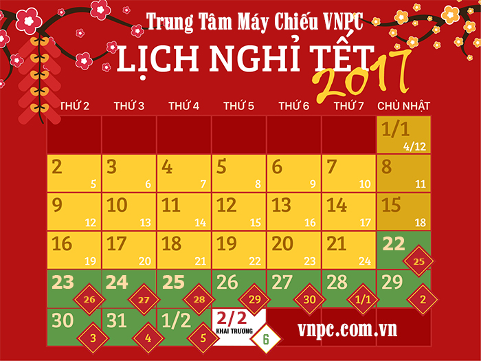 Lịch nghỉ tết Nguyên Đán Đinh Dậu 2017 của Công ty VNPC