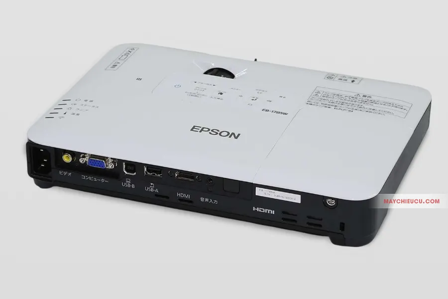 Mặt sau máy chiếu Epson EB-1785W trang bị cổng HDMI hỗ trợ MHL, ngõ VGA và cổng USB hỗ trợ truyền hình ảnh, âm thanh cùng lúc.