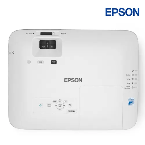 Cụm vòng xoay Zoom 1.6x lấy nét Focus và phím bấm Epson EB-1975W Mặt trên máy chiếu Epson EB-1975W trang bị ống kính Zoom quang học lớn 1.6x, vòng lấy nét Focus thủ công và hệ thống phím điều hướng trực quan.
